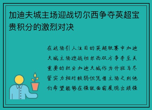 加迪夫城主场迎战切尔西争夺英超宝贵积分的激烈对决