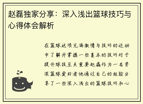 赵磊独家分享：深入浅出篮球技巧与心得体会解析