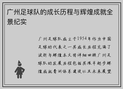 广州足球队的成长历程与辉煌成就全景纪实