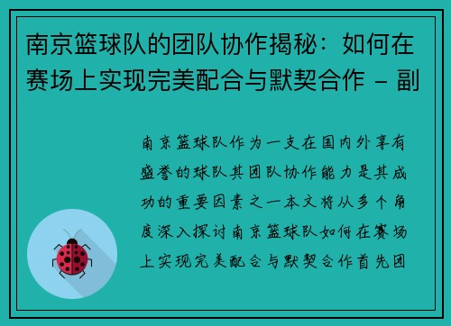 南京篮球队的团队协作揭秘：如何在赛场上实现完美配合与默契合作 - 副本