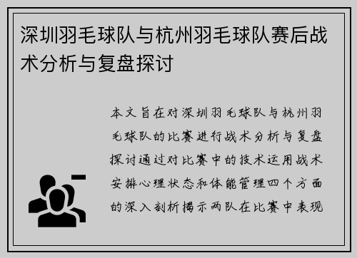 深圳羽毛球队与杭州羽毛球队赛后战术分析与复盘探讨