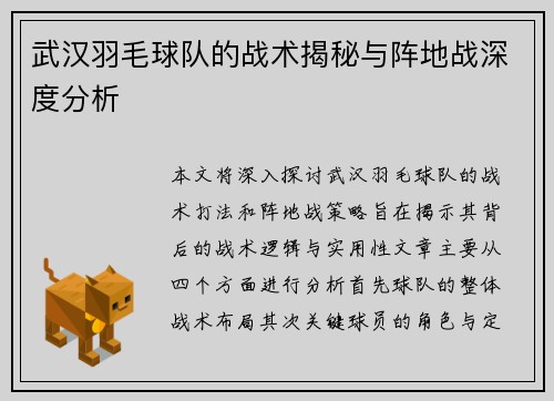武汉羽毛球队的战术揭秘与阵地战深度分析