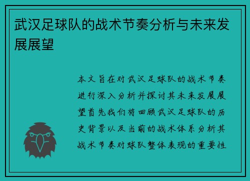 武汉足球队的战术节奏分析与未来发展展望